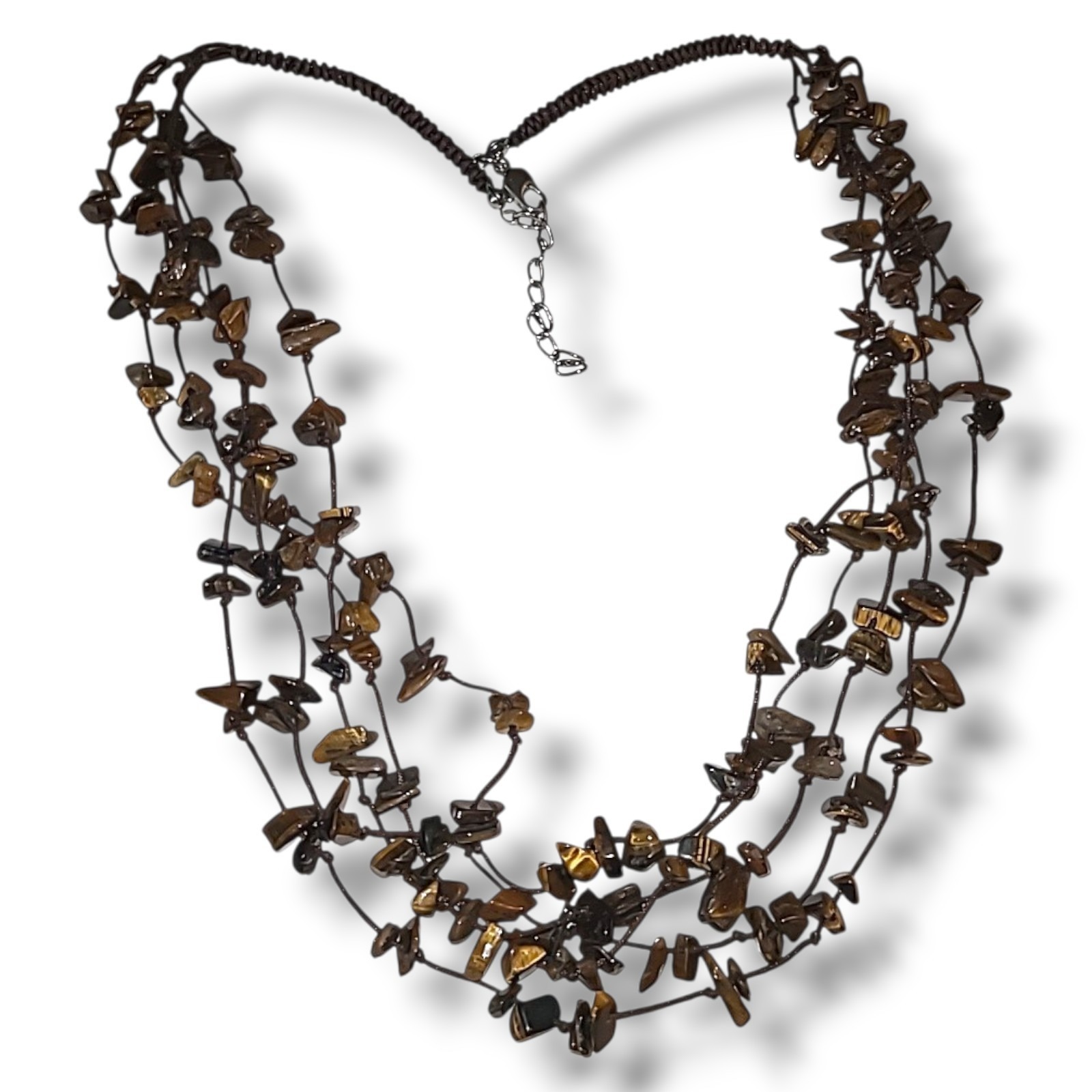 Vintage Multi Strand Tiger Eye Chip Necklace Brown Stone Beaded Statement